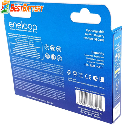 Аккумуляторы ААА Panasonic Eneloop 800 mAh BK-4MCDEC4BE Eco Box + фирменный бокс Eneloop. Цена за уп. 4 шт. + Бокс.