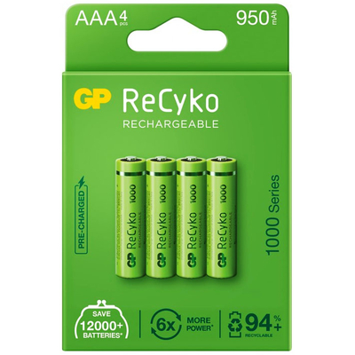 Акумулятори ААA GP ReCyko+ 950 mAh Rechargeable 1000 Series у блістері, Ni-Mh, RTU. Ціна за уп. 4 шт.