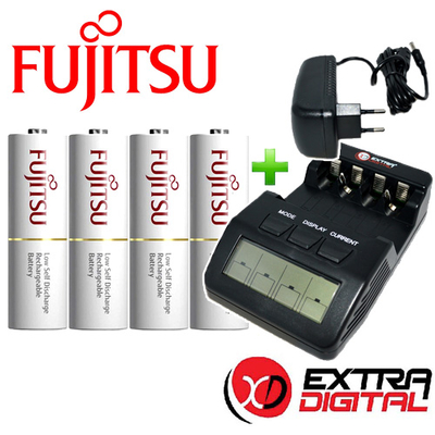 Зарядний пристрій Extradigital BM-110 і 4 пальчикові акумулятори Fujitsu 2000 mAh в боксі.