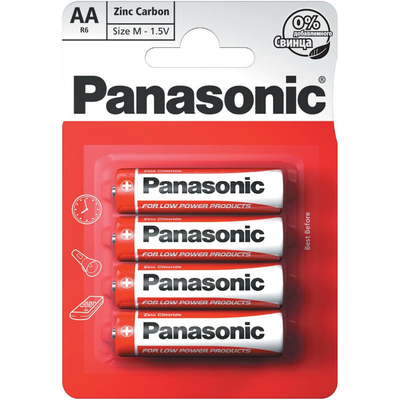 Пальчиковые солевые батарейки Panasonic Red Zinc Carbon АА / LR6 (R6RZ/4BP), 1.5В. 4 шт. в блистере. Цена за уп. 4 шт.