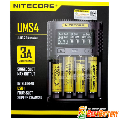 Nitecore UMS4 - универсальное быстрое ЗУ для Ni-Mh/Ni-Cd/Li-Ion/IMR/LiFePO4 (3.2-4.35V) АКБ на 4 канала. LCD, USB QC 2.0, 4A.