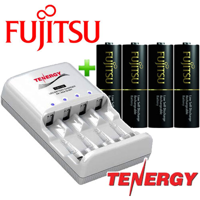 Зарядное устройство Tenergy TN138 и 4 пальчиковых аккумулятора Fujitsu 2550 mAh в боксе.