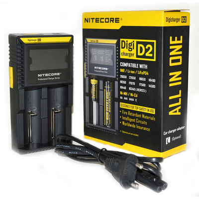 Nitecore Digicharger D2 - зарядное устройство для Li Ion, Ni Cd и Ni Mh с автоадаптером в комплекте.