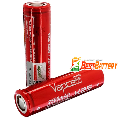 Аккумулятор 18650 VapCell K25 2500 mAh Li-Ion INR 3,7В, 20А (35А), Red. Высокотоковый, без защиты (аналог Samsung 25R).