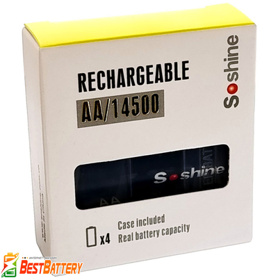 Аккумуляторы АА Soshine USB Type-C 1.5V Li-Ion 2600 mWh + Бокс + Кабель. Пальчиковые АКБ на 1.5 В с USB зарядным. Цена за уп. 4 шт.