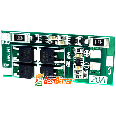 Плата защиты BMS 2S 20A 7,4V (8,4V) для Li-Ion аккумуляторов (контроллер заряда/разряда) с балансировкой (HW-391).