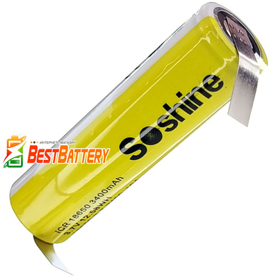 Аккумулятор 18650 Soshine 3400 mAh Li-Ion ICR, 3.7В, 10A, без защиты с лепестками под пайку (Solder Tags).
