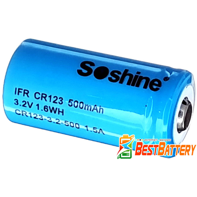 Аккумулятор 16340 / CR123 Soshine 500 mAh 3В, 1,5A, LiFePO4 (IFR) Без защиты, с выступающим плюсом.