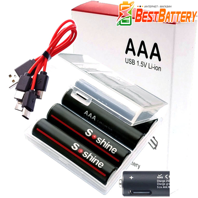 Акумулятори AAA Soshine USB Type-C 1.5V Li-Ion 600 mWh 4 шт. у боксі. Мініпальчикові АКБ на 1.5 В із USB зарядним. Ціна за уп. 4 шт.