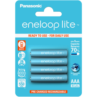 Panasonic Eneloop Lite 600 mAh (min 550 mAh) BK-4LCCE / 4BE - ААА аккумуляторы, выдерживающие до 3000 циклов заряд/разряд. Цена за уп. 4 шт.