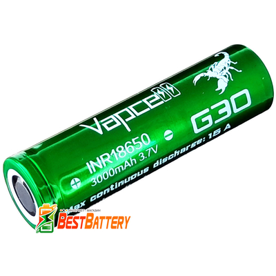 Аккумулятор 18650 VapCell G30 3000 mAh Li-Ion INR, 3.7В, 15А (35A), Green. Без защиты (аналог Samsung 30Q).