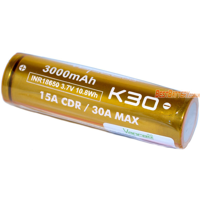 Li-Ion высокотоковый аккумулятор VapCell INR 18650 K30 Gold ёмкостью 3000 mAh без защиты. 15A (30A), аналог Samsung 30Q.