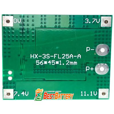 Плата защиты BMS 3S 25A 11,1V (12,6V) для Li-Ion аккумуляторов (контроллер заряда/разряда) с балансировкой (HX-3S-FL25A-A).