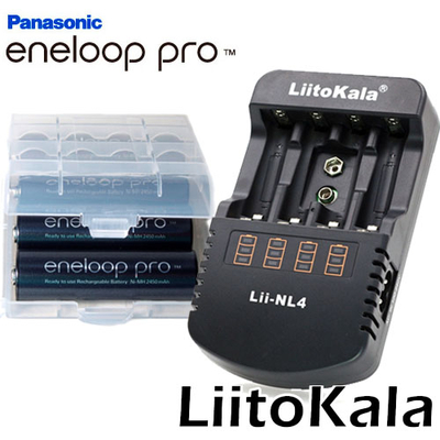 Зарядний пристрій Liitokala Lii-NL4 і 4 пальчикові акумулятори Panasonic Eneloop Pro 2600 mAh (BK 3HCDE) в боксі.