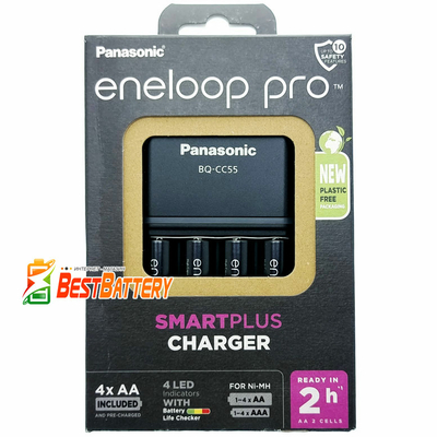 Комплект Panasonic Eneloop BQ-CC55E Colour LED + 4 акумулятори Eneloop 2600 mAh BK-3HCDE. Еcо Box.