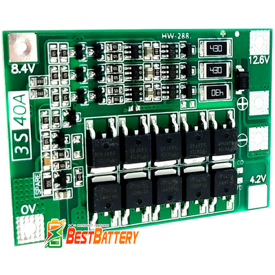 Плата защиты BMS 3S 40A 11,1V (12,6V) для Li-Ion аккумуляторов (контроллер заряда/разряда) с балансировкой.