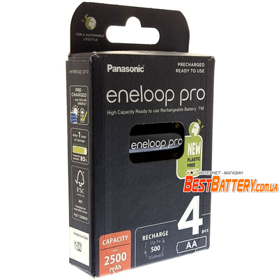 Аккумуляторы АА Panasonic Eneloop Pro 2600 mAh (min 2500 mAh) BK-3HCDE-4BE Eco Box. Цена за уп. 4 шт.