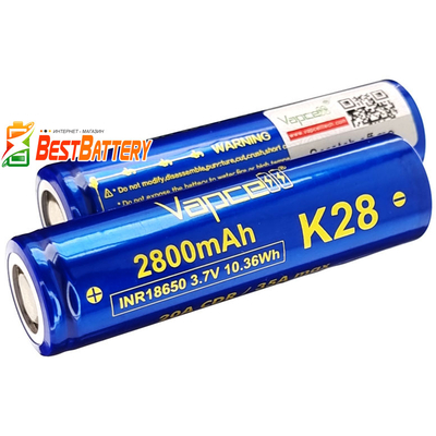 Аккумулятор 18650 VapCell K28 2800 mAh Li-Ion INR, 3.7В, 20А (35А), Blue. Высокотоковый, без защиты.