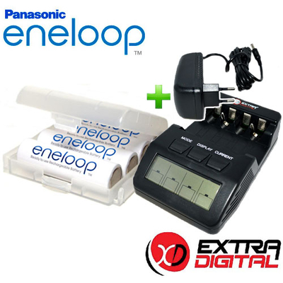 Зарядний пристрій Extradigital BM-110 та 4 пальчикові акумулятори Panasonic Eneloop 2000 mAh (BK 3MCCE) в боксі.