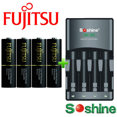 Зарядное устройство Soshine SC-U1 и 4 пальчиковых аккумулятора Fujitsu 2550 mAh в боксе.