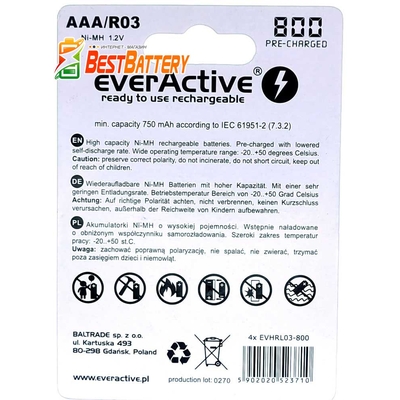 Минипальчиковые аккумуляторы EverActive 800 mAh 4 шт. в блистере - Silver Line, RTU. Цена за уп. 4 шт.