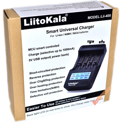 Универсальное зарядное устройство LiitoKala Lii-400, 4 канала Ni-Mh, Ni-Cd и Li-ion + Power Bank.