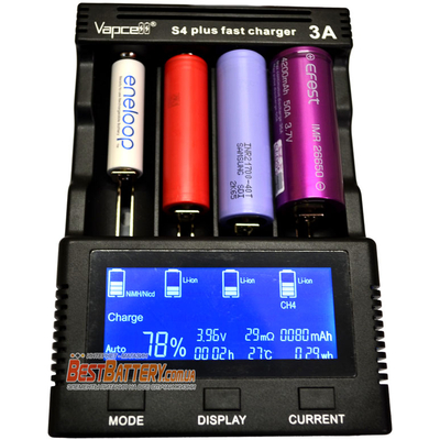 Быстрое зарядное устройство Vapcell S4 Plus v.2.0 на 4 Ni-Mh, Ni-Cd и Li-ion аккумулятора. Ток заряда 3А на канал. Power Bank + Автоадаптер.
