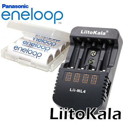 Зарядний пристрій Liitokala Lii-NL4 і 4 пальчикові акумулятори Panasonic Eneloop 2000 mAh (BK 3MCCE) в боксі.