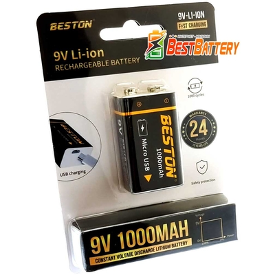Аккумулятор Крона 9В Beston 1000 mAh Li-Ion со встроенным USB портом для зарядки и индикацией заряда.