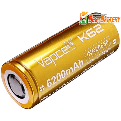 Аккумулятор INR 26650 Vapcell K62 6200 mAh без защиты, Li-Ion, 3.7В. 15A (25А). Высокотоковый, МАХ ёмкость.
