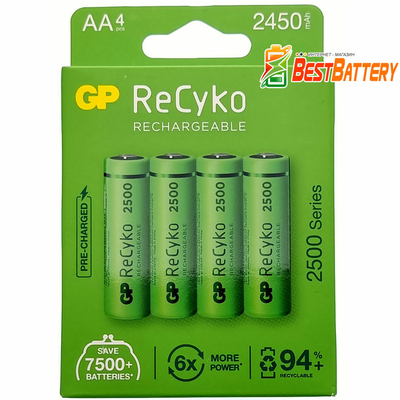 Акумулятори АА GP ReCyko+ 2500, 2450 mAh 4 шт. у блістері. Ni-Mh, RTU. Ціна за уп. 4 шт.