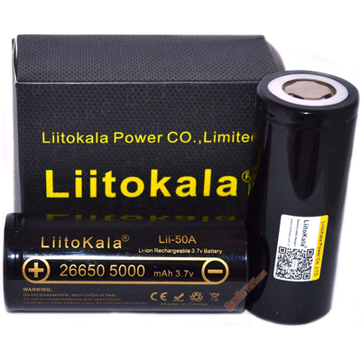 Li-Ion аккумулятор 26650 Liitokala Lii 50A 5000 mAh без защиты, 10A (25A).