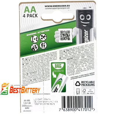 Акумулятори АА Energizer 2000 mAh Recharge Power Plus у блістері, Ni-Mh, LSD, RTU. Японія! Ціна за уп. 4 шт.