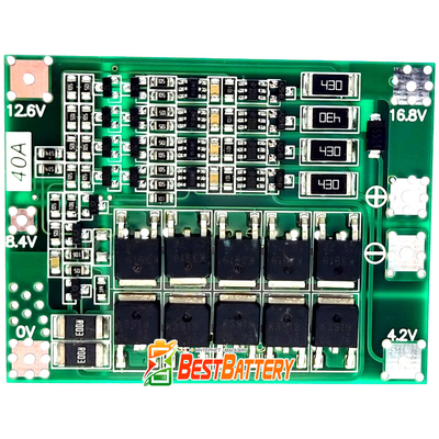 Плата защиты BMS 4S 40A 14,8В (16,8В) для Li-Ion аккумуляторов (контроллер заряда/разряда) с балансировкой.