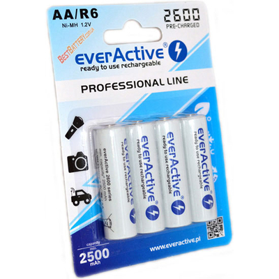 Пальчиковые аккумуляторы EverActive 2600 mAh АА с низким саморазрядом. Проф. серия. Цена за уп. 4 шт.