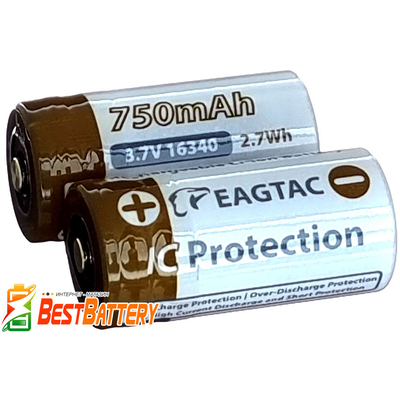 Аккумулятор 16340 (CR123) EagTac 750 mAh, 3,7В, 5А, Li-Ion. С платой защитой (Protected).
