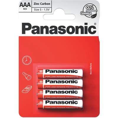 Минипальчиковые солевые батарейки Panasonic Red Zinc Carbon ААA / LR03 (R03RZ/4BP), 1.5В. 4 шт. в блистере. Цена за уп. 4 шт.