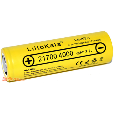 Li-ion аккумулятор 21700 Liitokala Lii-40A 4000 mAh, 15А (40A). Без защиты. IMR.