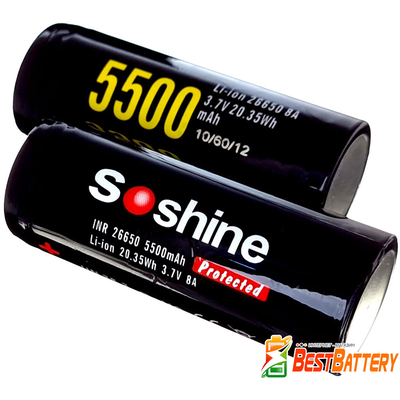 Аккумулятор 26650 Soshine 5500 mAh Li-Ion INR 3,7В, 8A. C защитой, высокая реальная ёмкость. Цена за 1 шт.