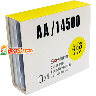 Литиевый аккумулятор Soshine форм-фактора 14500 (АА) ёмкостью 900 mAh без защиты. 3.7V.
