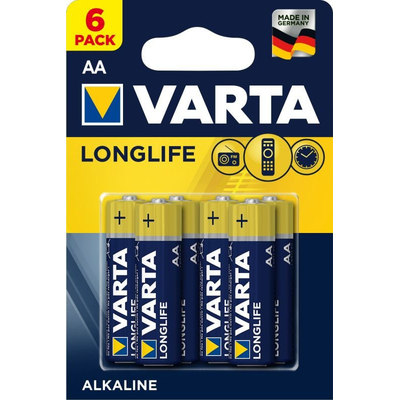 Пальчиковые щелочные батарейки Varta Longlife АА / LR6 (4106), 1.5В. Цена за уп. 6 шт. Германия.
