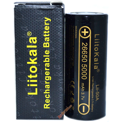 Li-Ion аккумулятор 26650 Liitokala Lii 50A 5000 mAh без защиты, 10A (25A).
