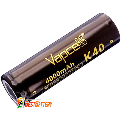Аккумулятор 21700 Vapcell K40 4000 mAh, Li-Ion INR, 3.7В (4.2В). Высокотоковый 30A (45А), без защиты. (Аналог Samsung 40T).