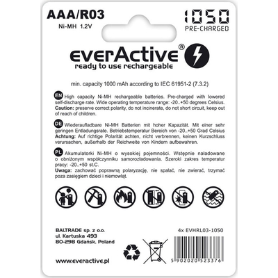 Минипальчиковые аккумуляторы EverActive 1000 mAh в блистере. 1200 циклов заряд/разряд. Аналог Eneloop AAA. Цена за уп. 4 шт.