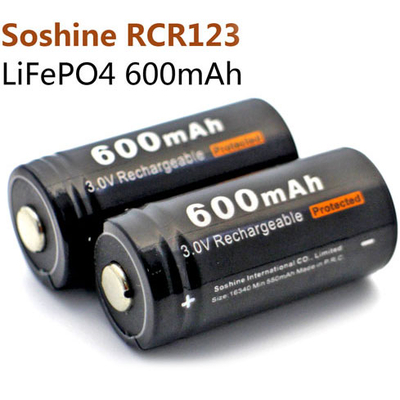 Аккумулятор Soshine 600 mAh 16340 (RCR123) 3.0V (3.2V) LiFePO4 с защитой.