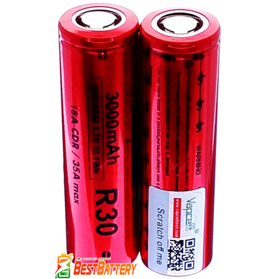 Аккумулятор 18650 VapCell R30 3000 mAh Li-Ion INR 3.7В, 18А (35А), Red. Высокотоковый, без защиты (аналог Samsung 30Q).