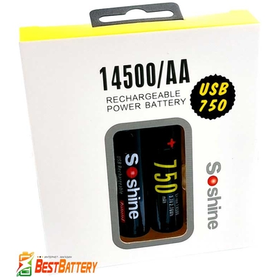 Аккумулятор 14500 (АА) Soshine USB 750 mAh Li-Ion 3.7V, 1.5А с защитой. Встроенное зарядное с USB.