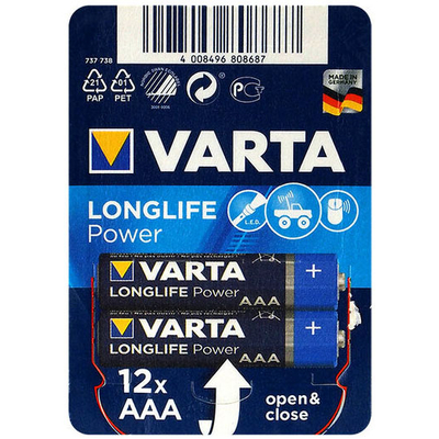 Мініпальчикові лужні батареї Varta Longlife Power AАА/LR03 (4903), 1.5В. Ціна за уп. 12 шт. Alkaline.