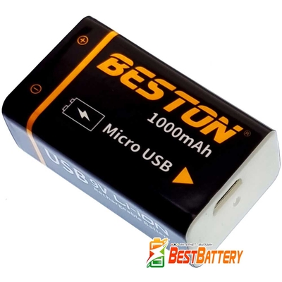 Акумулятор Крона 9В Beston 1000 mAh Li-Ion із вбудованим USB портом для заряджання та індикацією заряду.