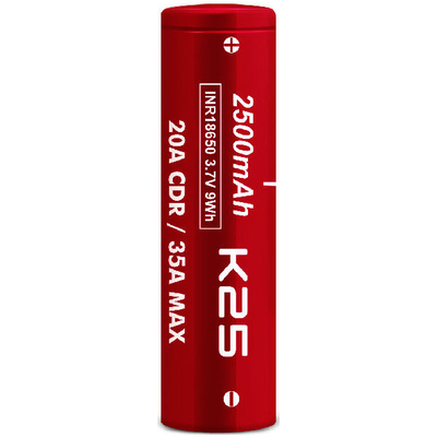 Аккумулятор 18650 VapCell K25 2500 mAh Li-Ion INR 3,7В, 20А (35А), Red. Высокотоковый, без защиты (аналог Samsung 25R).